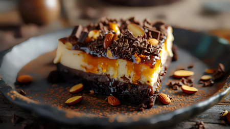 Delicious cheesecake with chocolate and nuts on plate, closeupの素材
