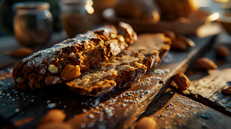 Homemade cake with nuts and chocolate on a wooden table. Selective focus.の素材