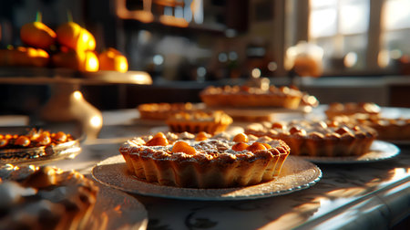 Tasty homemade tartlets on table in kitchen, closeup viewの素材