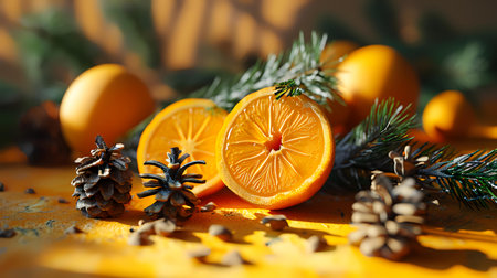 Christmas composition with oranges and fir branches on wooden table, closeupの素材
