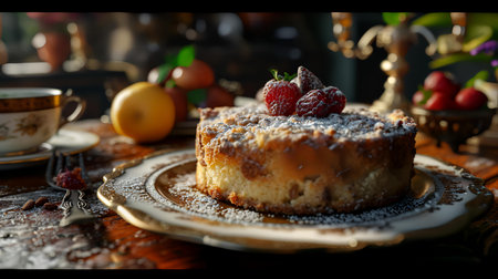 Delicious cheesecake with raspberries and icing sugar on a wooden tableの素材