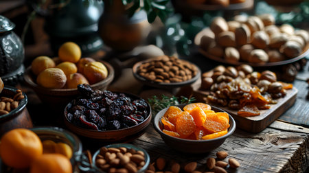 Mix of dried fruits and nuts on rustic wooden background, selective focus.の素材