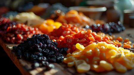 Assortment of dried fruits and berries on wooden table. Selective focus.の素材