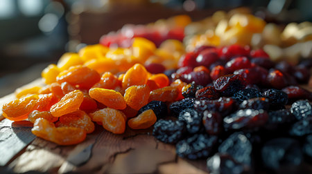 Mix of dried fruits on a wooden table. Selective focus.の素材