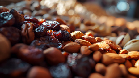 Dried fruits and nuts on the counter of the store. Selective focus.の素材