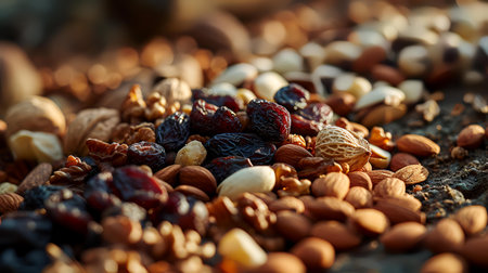 Mix of nuts and dried fruits on a wooden table. Selective focus.の素材