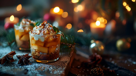 Christmas dessert with caramel and whipped cream in a glass, selective focusの素材