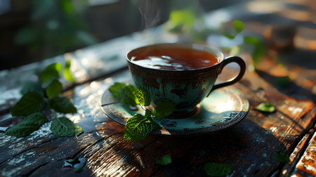Cup of tea with mint leaves on rustic wooden table.の素材