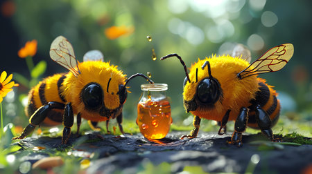 Two bees collecting honey in a glass jar on a green background.の素材