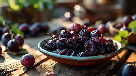 Ripe plums in a bowl on an old wooden table.の素材