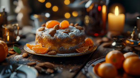 Christmas cake with tangerines and almonds on a wooden background.の素材