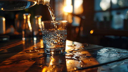 Pouring water into a glass on a wooden table in a barの素材