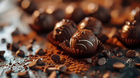 Chocolate candies with cocoa powder on a dark background. Selective focus.の素材