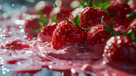 Strawberry falling into a splash of milk, close-upの素材