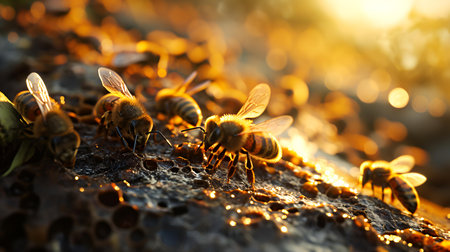 Close up of bees working on honeycombs in the sun.の素材