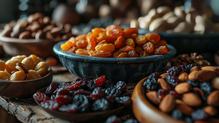 Mix of dried fruits and nuts in bowls on wooden table, closeupの素材