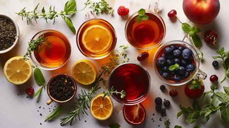 Cups of tea with fruits and berries on light background, top viewの素材