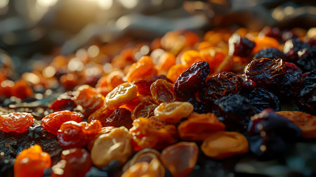 Raisins and raisins on a wooden board. Selective focus.の素材