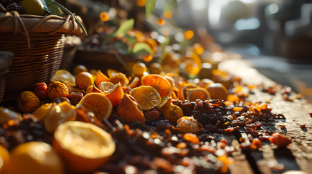 Closeup of dried fruits in basket on wooden table. Shallow depth of fieldの素材