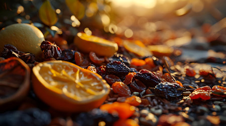 Dried fruits and berries on the ground in the rays of the setting sunの素材