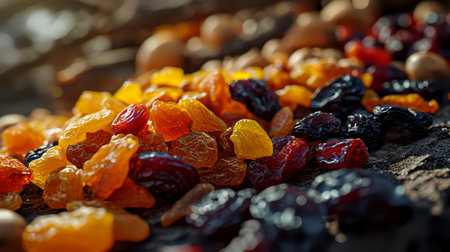Mix of dried fruits on a dark background. Selective focus.の素材