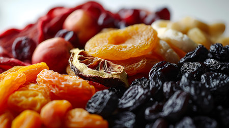 Mix of dried fruits on light background, closeup. Healthy foodの素材