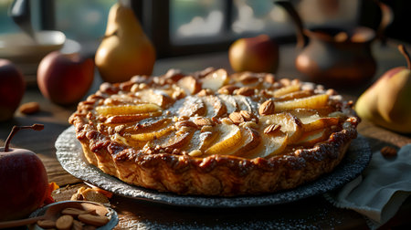 Homemade pear galette with almonds and pears on wooden tableの素材