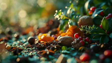 Christmas and New Year decoration with nuts, berries and spices on green backgroundの素材