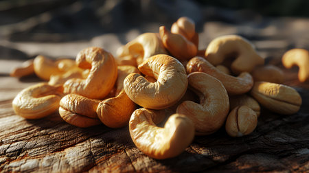 Heap of cashew nuts on wooden table outdoors, closeupの素材