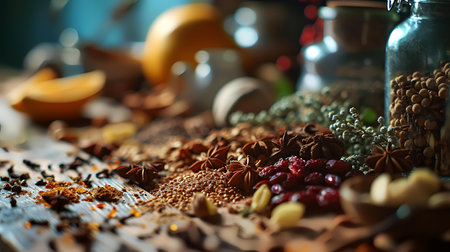 Spices and herbs on a wooden table. Selective focus.の素材