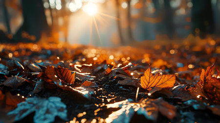 Autumn leaves on the ground in the forest, illuminated by the sunの素材