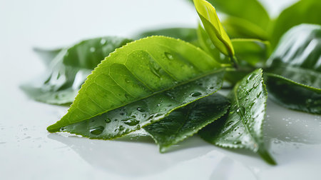 Green tea leaf with water drops on white background. Close up.の素材