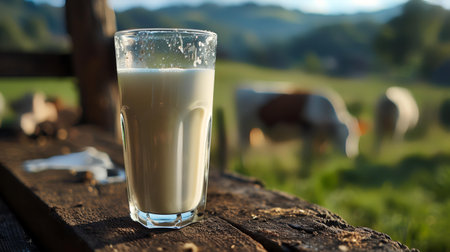 Milk in a glass on the background of a herd of cowsの素材