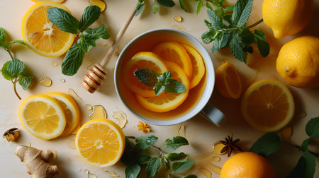 Cup of tea with lemon and mint on table, top viewの素材