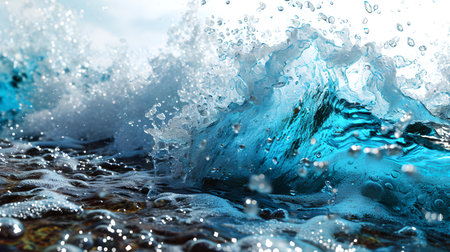 Blue sea wave with splashes, close-up. 3d renderingの素材