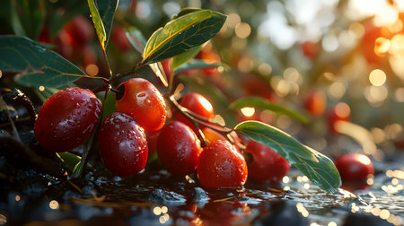 Ripe cornel berries with water drops on a blurred background.の素材