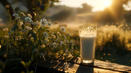 Glass of milk on a wooden table in the meadow with flowers.の素材