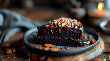 Chocolate cake with nuts on a dark background. toning. selective focusの素材