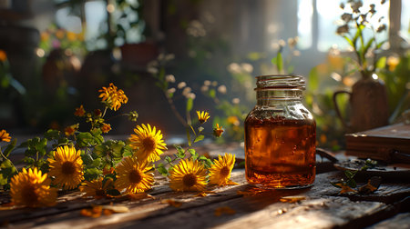 Bottle of calendula essential oil and flowers on wooden tableの素材
