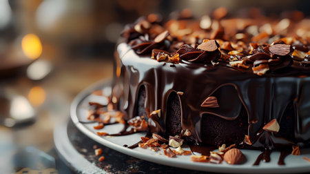 Delicious chocolate cake with almonds on table, closeup. Delicious dessertの素材