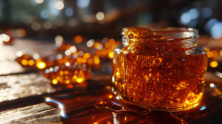 Honey in a jar on a wooden table, close-upの素材