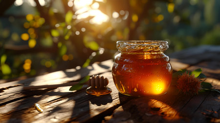 Honey in a glass jar on a wooden table with the sun shining through the leavesの素材