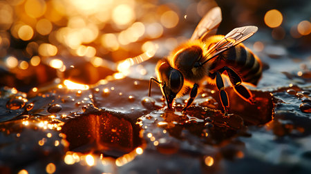 Macro shot of a bee collecting honey on a honeycomb.の素材