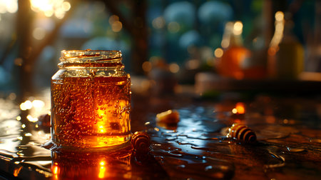 Honey in a glass jar on a wooden table with natural backgroundの素材