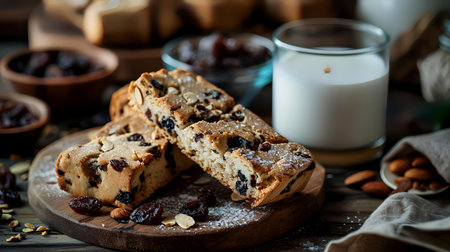 Homemade cookies with raisins and nuts on a wooden tableの素材