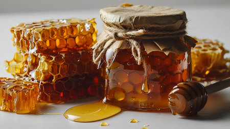 Honey in a jar and honeycombs on a white backgroundの素材