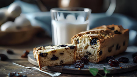 Sliced raisin bread with raisins and glass of milkの素材