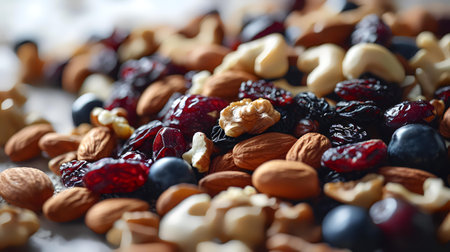Mix of nuts and berries on a wooden table, close-upの素材