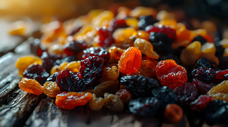 Mix of dried fruits on a wooden background. Selective focus.の素材