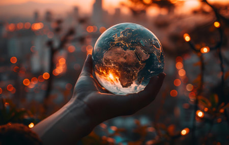 Hand holding a glass globe with a beautiful sunset in the background.の素材